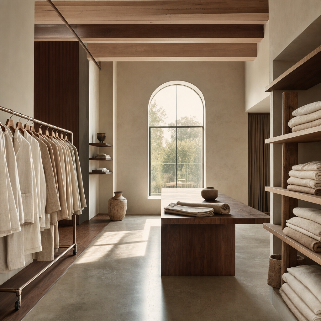 A calm apparel-brand showroom: a single rolling garment rack, neatly stacked folded fabrics, a polished walnut work-table, soft morning light through an arched window